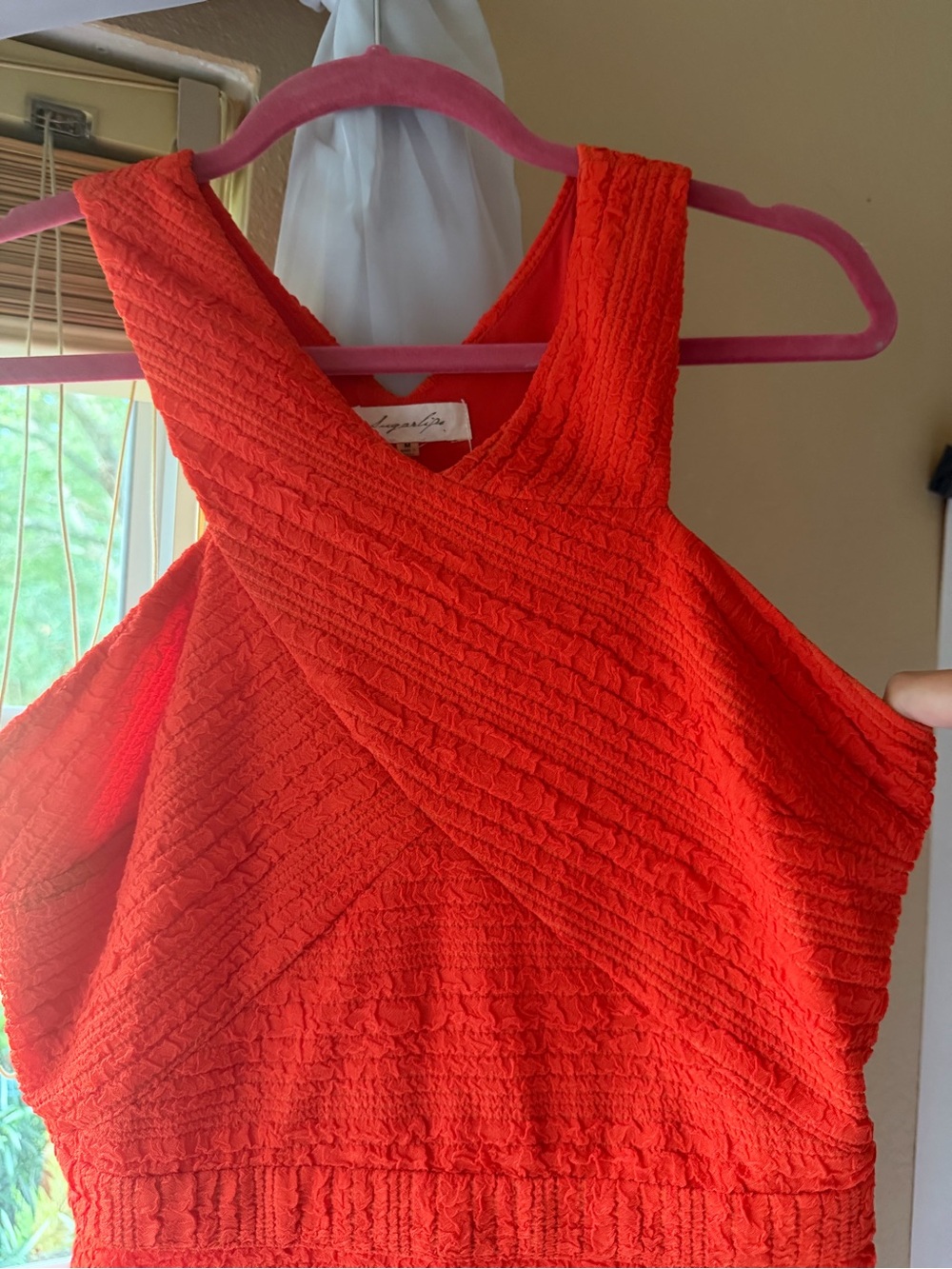 Sugarlips Bright Red Orange Textured High Neck Cross Over Mini Dress